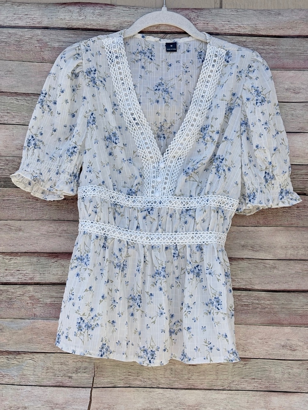 Y2K Babydoll V-Neck Women's M Blue  Floral Lace Peplum Boho Romantic Cottagecore - Picture 4 of 12